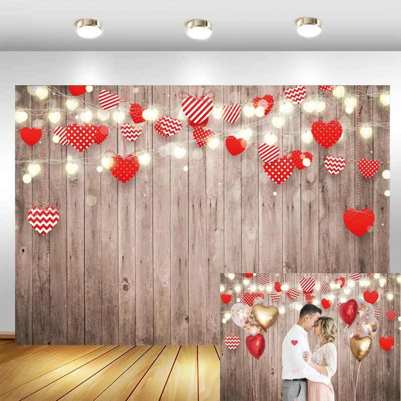

Valentine's Day Backdrop Rustic Wood Red Love Heart Romantic Love Theme Photography Background Photo Studio Props Banner