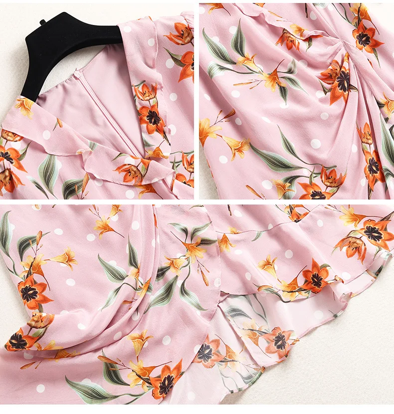 

100% Natural Silk Women's Dresses Sexy V Neck Short Sleeves Floral Printed Asymmetrical Ruffles Summer Dress Vestidos