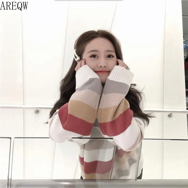 Осенний женский Рождественский свитер с круглым вырезом в радужную полоску