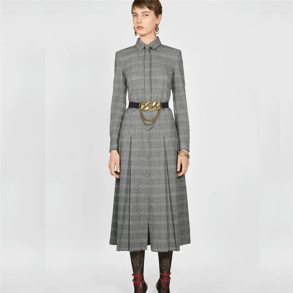 Ladyfirsy ZA клетчатые тонкие платья женские 2019 английский стиль бант воротник стойка