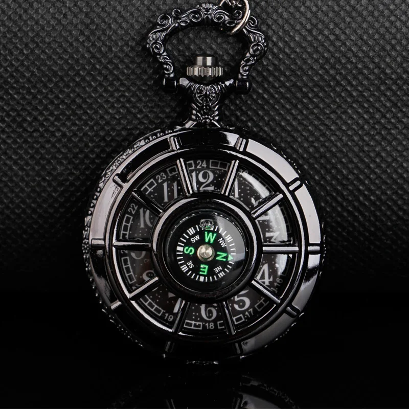Dümen içi boş serin siyah kuvars cep saati Steampunk Trend erkek saati kolye aksesuarları reloj