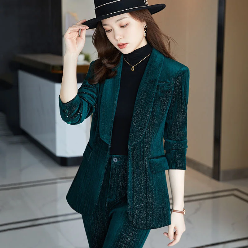 High End Fashion Western Style Golden Velvet Set Spring And Autumn New High-grade Thick Business Professional Woman Suit Blazer