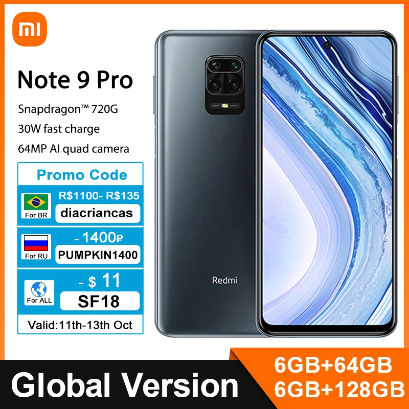 Глобальная версия Xiaomi Redmi Note 9 Pro 6 ГБ 64 Гб/6 128 NFC Snapdragon мобильного телефона 720G Octa Core