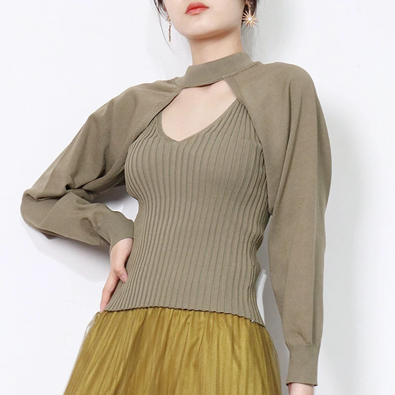 Повседневный шикарный женский комплект из двух предметов Вязаный топ на тонких