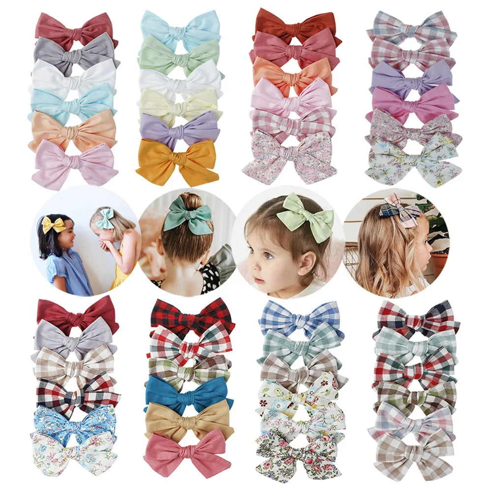 6Pcs/Lot Baby Hair Clips For Girls Plaid Hairpin Kids Big Bows Barrette Floral Printing Infant Children Cotton Hair Accessories