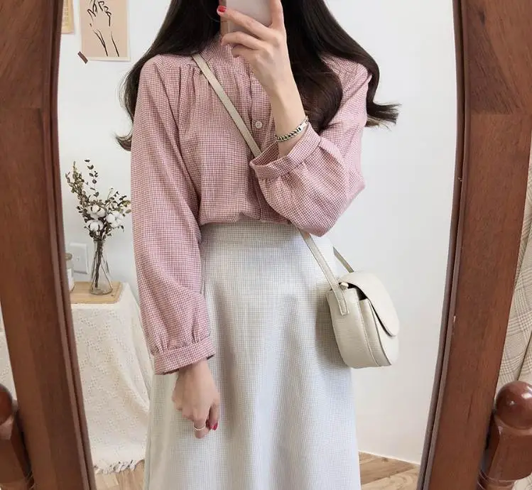 

2020 spring new loose yellow small Plaid collar Long Sleeve Shirt