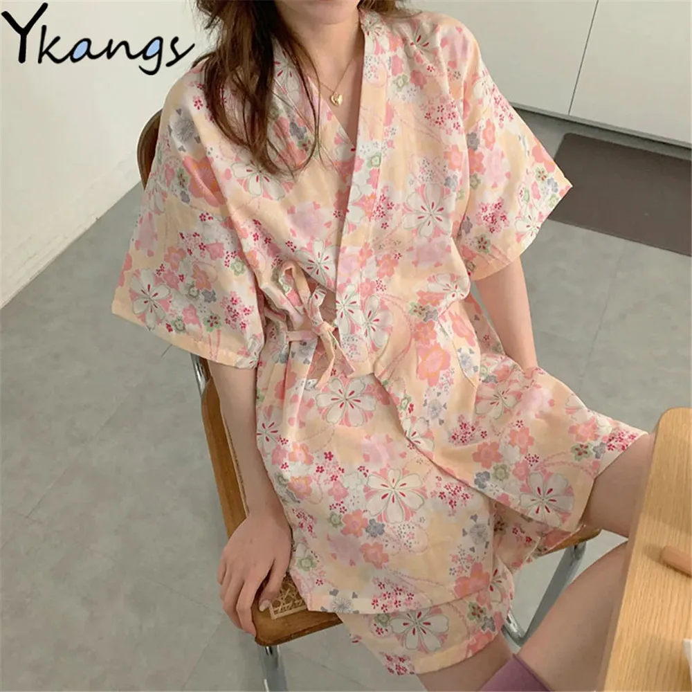 Japanese Kimono Women Girl Kawaii Room Wear Summer 2021 Pajamas Floral Print Loose Casual Shorts Pijamas Two Piece Set Nightwear