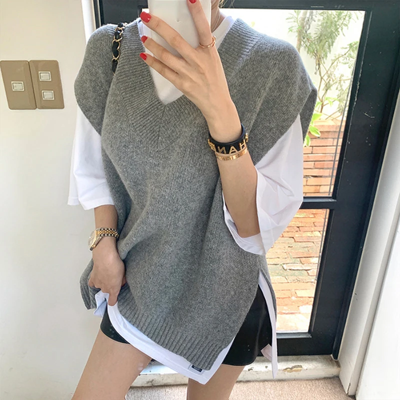 

V Collar Knitted Vest Sweater Women Casual Sleeveless Pullover Streetwear 2021 Pull Femme Autumn Spring Jumper Korean Fashion