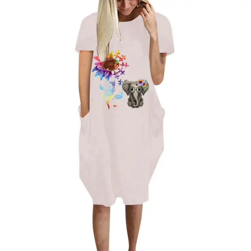 

VICABO Women Dresses 2021 Summer Short Sleeve Elephant Print Dress Casual Ladies Midi Dress Women Dress