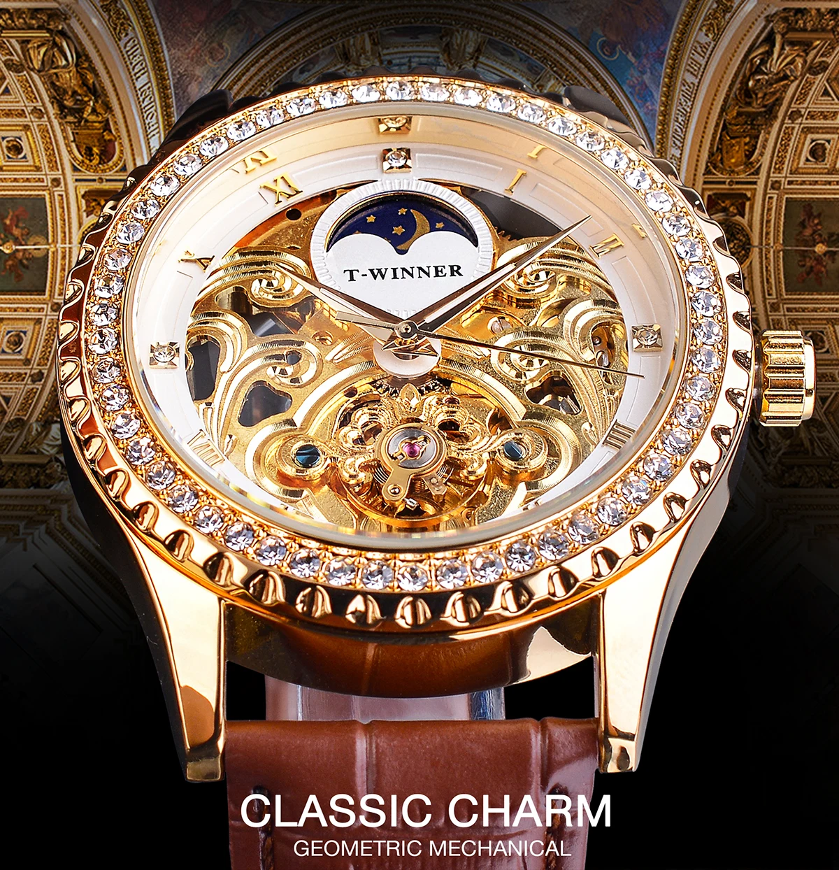 Роскошные мужские наручные часы Winner Tourbillon механические с бриллиантами