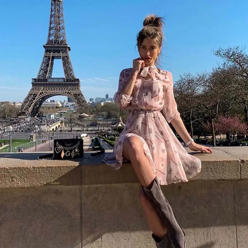 Женское богемное Бандажное платье с цветочным принтом и бантом Элегантное