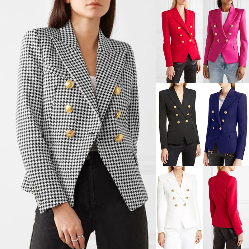 New Women's Jacket 2021 Autumn and Winter Small Suit Houndstooth Suit Fashion Short Double-breasted Jacket  Coats