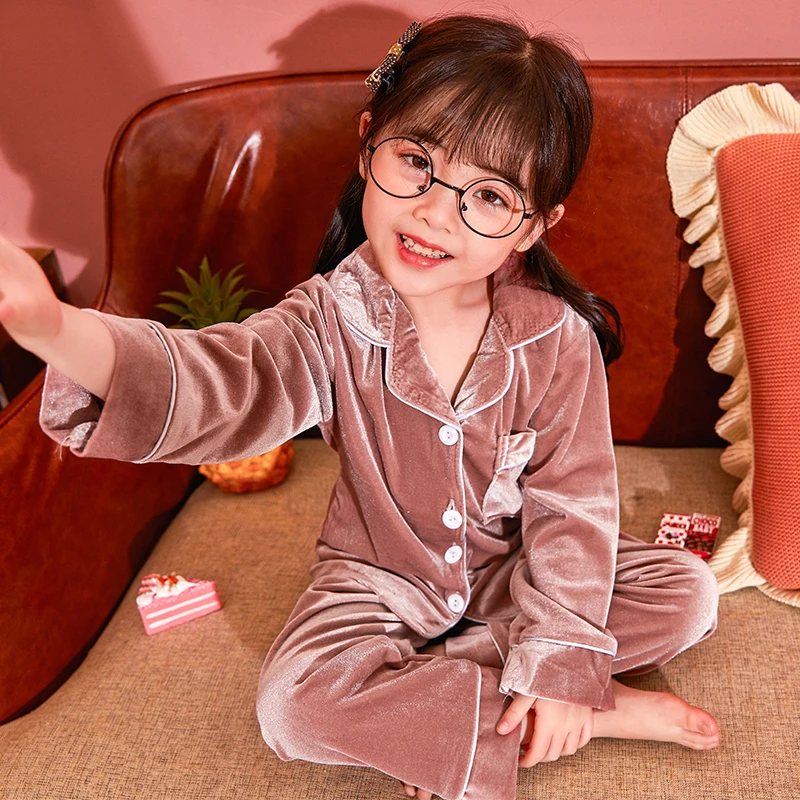 

Kids Pajamas Boys Girls Pajama Set V-Neck Solid Children Sleepwear New Winter Warm Pyjamas Kids Long Sleeves Homewear Night Suit