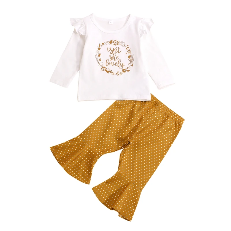 

Autumn Spring Girl’s T-shirt and Trousers Suit Fashion Letter Long Sleeve Tops and Dot Trumpet Long Pants Clothes Set