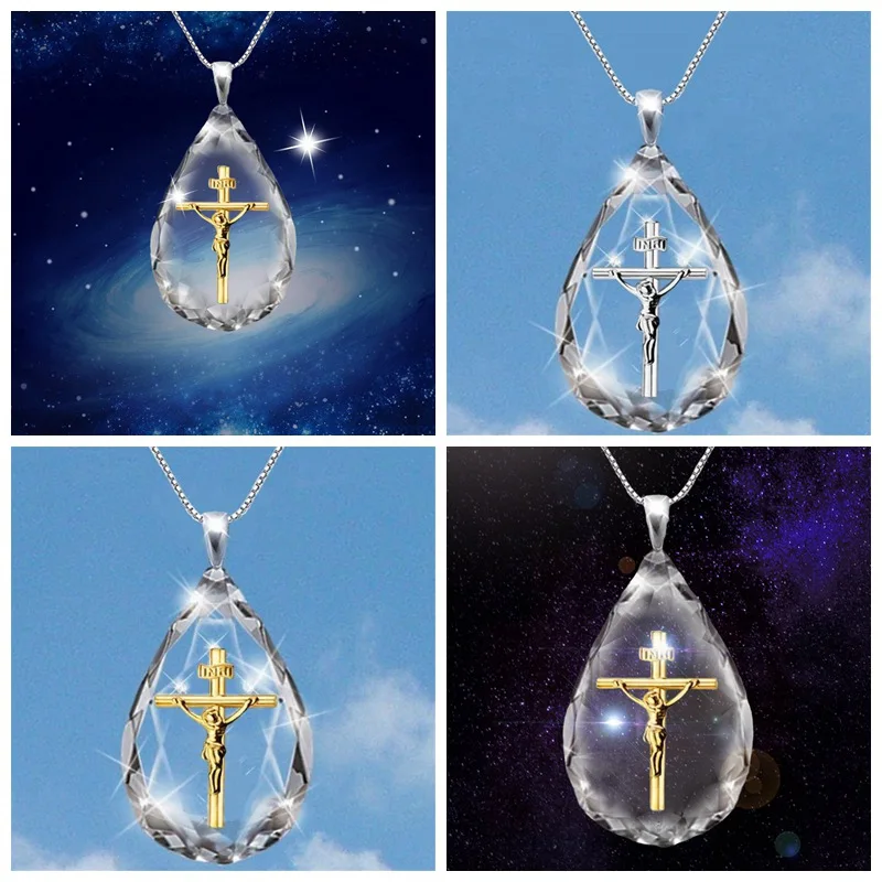 Хрустальное ожерелье с подвеской в виде капли воды крестом Иисуса чокер
