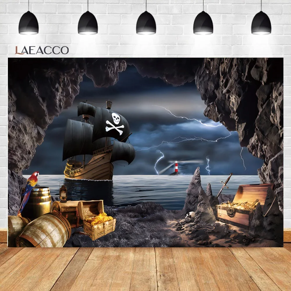 

Laeacco Pirate Ship Skull Island Treasure Parrot Theme Backgrounds Child Poster Portrait Birthday Party Photography Backdrops