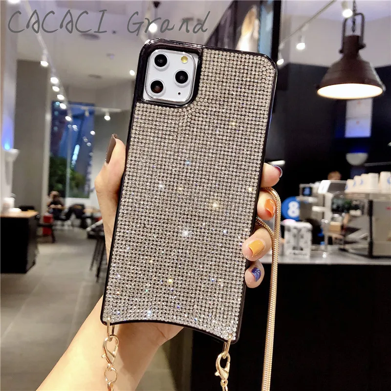 Роскошный чехол с блестящими бриллиантами для apple iphone xs 11 pro max XR X 7 8 6S 6 PLUS, чехол с металлическим ожерельем через плечо