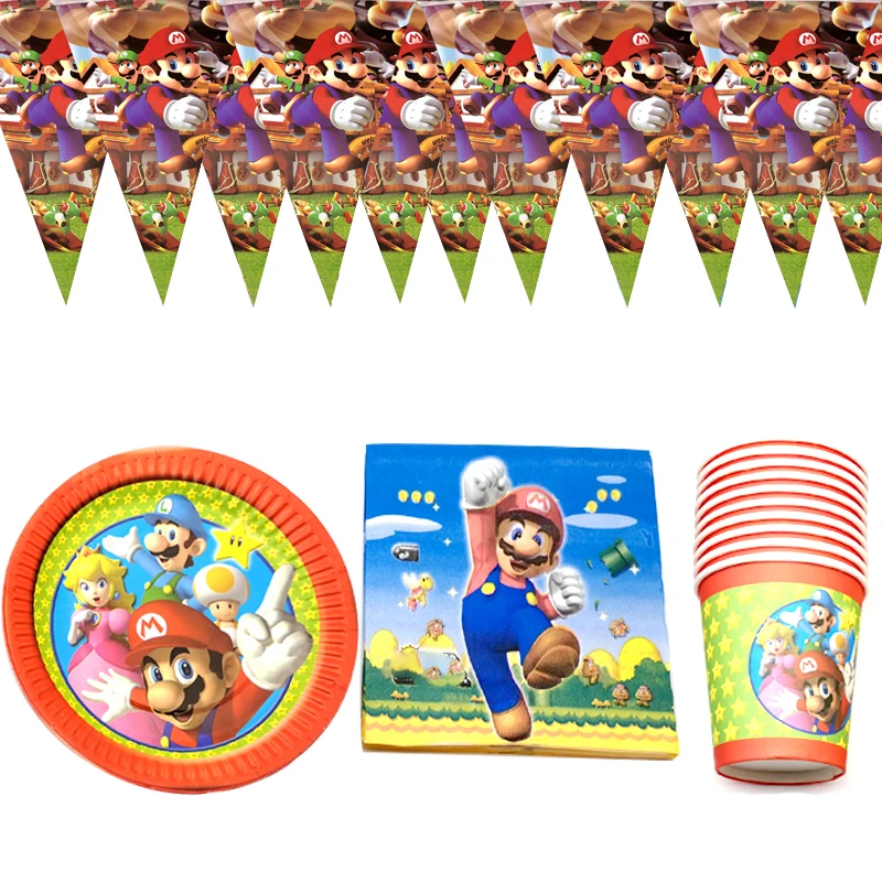 

80pcs/lot Super Mari0 Theme Hanging Banner Birthday Party Napkins Flags Plates Cups Decorate Boys Favors Bunting Tableware Set