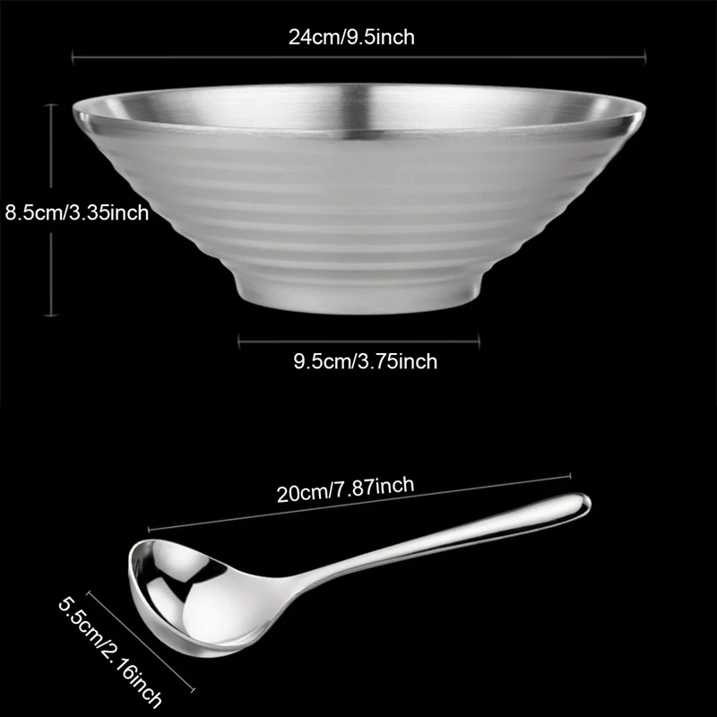 1 Pcs 304 Stainless Steel Double Layer Ramen Noodle Bowl with Spoon for Udon Soba Pho Pasta Salad Cereal (9.5-Inch) | Дом и сад