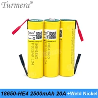 turmera new he4 18650 2500mah battery 20a with welding nickel for 12v 14 4v 18v 21v 25v electric drill screwdriver batteries use