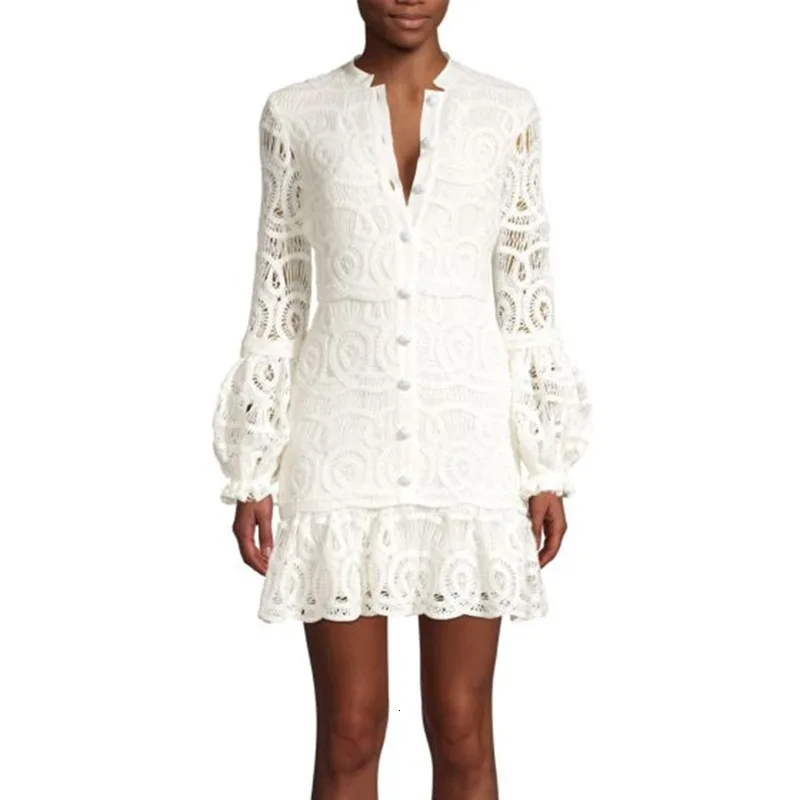 

Spring 2021 New Lace Embroidered Ruffles Single Breasted Dress Lantern Sleeve Hollowed Out Splicing Short Dress Cc45