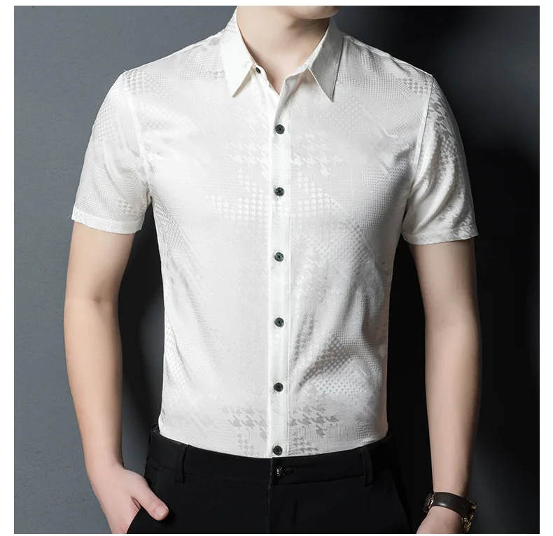 

Summer top grade shirt men's silk solid color non iron casual middle aged men's short sleeve loose shirt