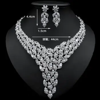 2020 Luxury White Gold Color Green CZ Stone Wedding Necklace Earrings Jewelry Sets Bridal Dress Accessories 3