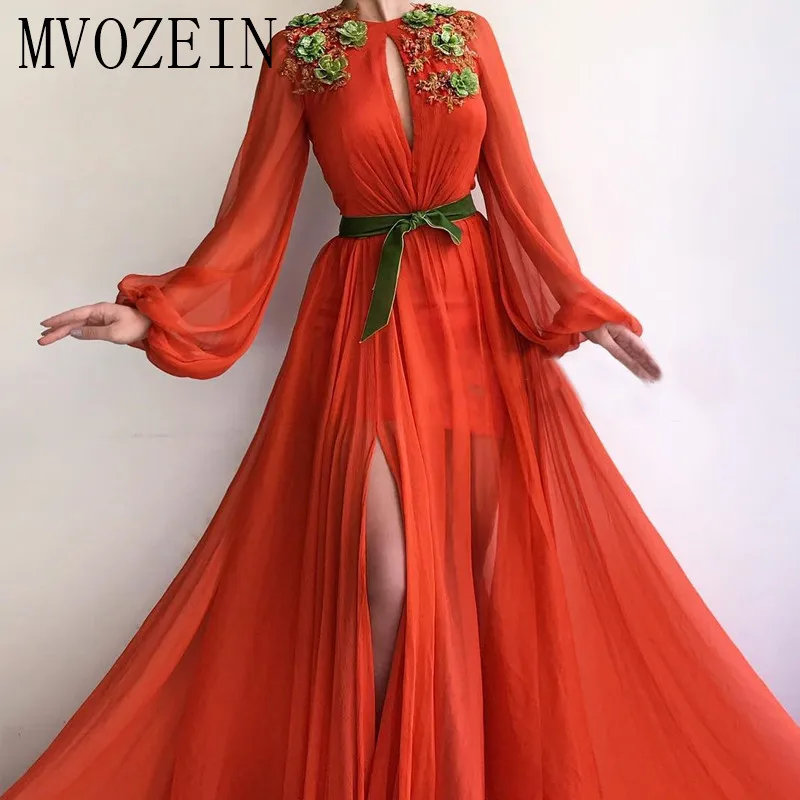 Оранжевые вечерние платья шифоновые трапециевидные с длинными рукавами и