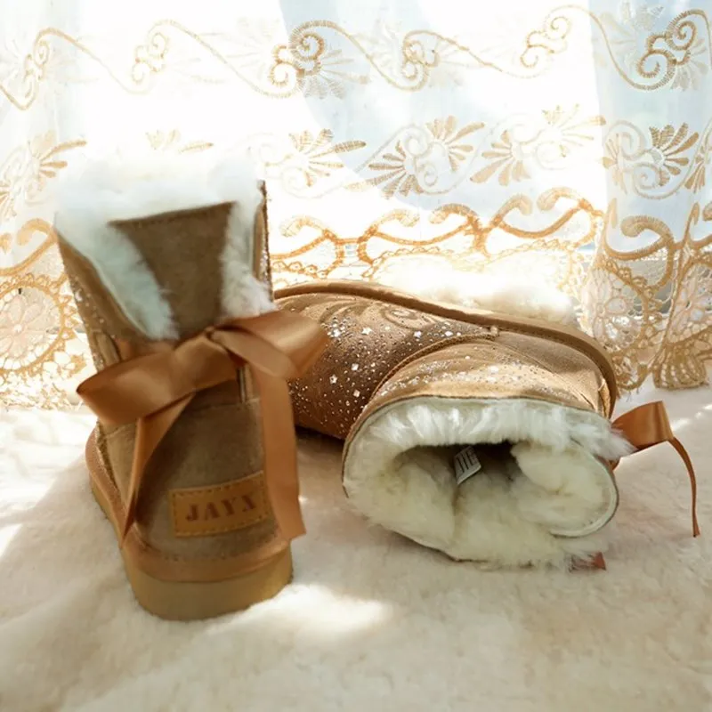 

Blinging Bowknot 2018 Nice 100% Genuine Sheepskin Leather Woman Snow Boots Natural Fur Women's Boots Warm Wool Winter Boots