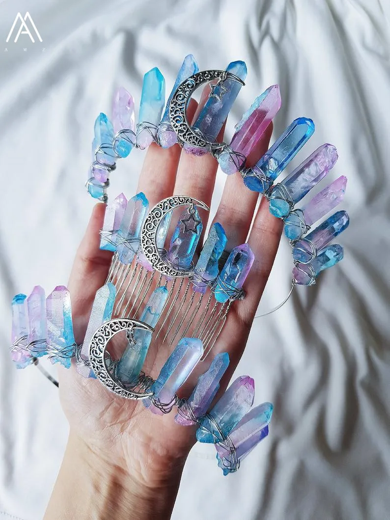 

Wire Wrapped Stars Moon Crystal Crowns Blue Pink Natural Quartz Crystal Crowns Tiara Headband For Women Boho Party Hair Jewelry