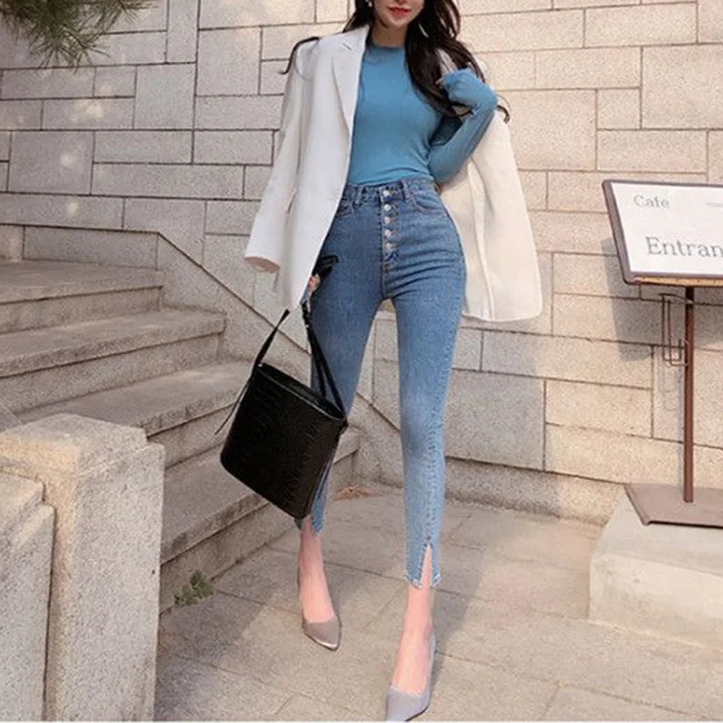 Женские винтажные однобортные джинсы эластичные брюки-Капри с высокой талией