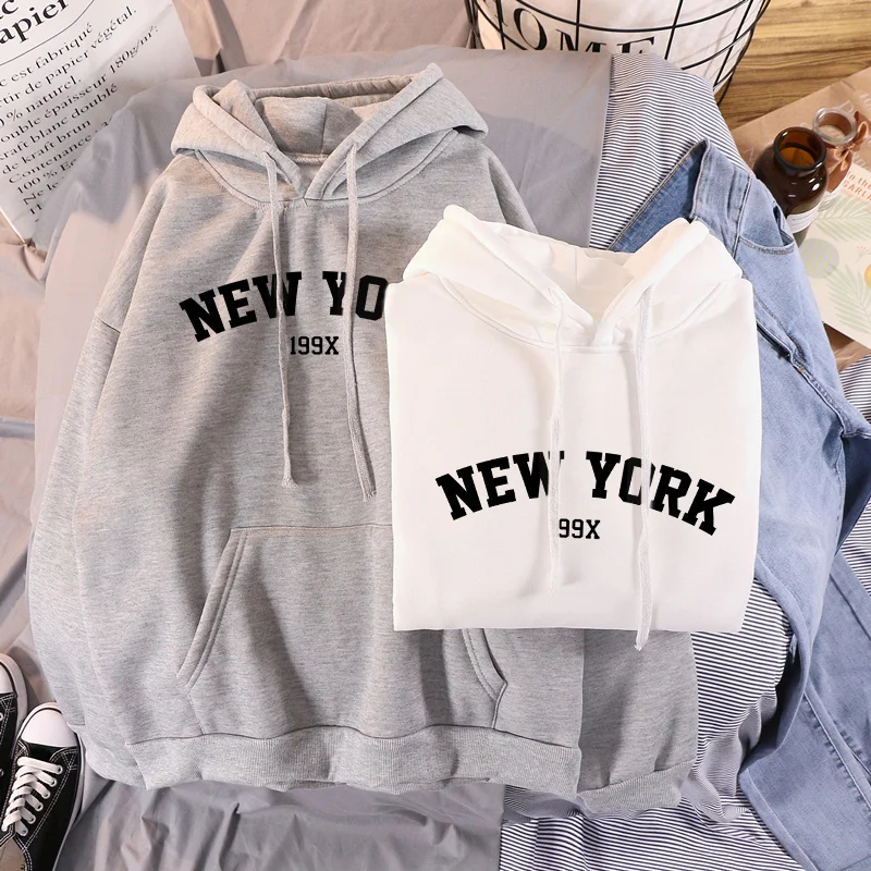 

Female thick sweatshirt from fall 2020, women's corduroy jacket with a hood and New York print, winter for women