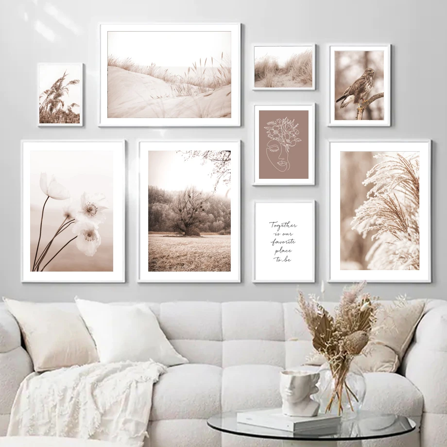 

Beige Autumn Landscape Reed Flower Sparrow Wall Art Canvas Painting Posters And Prints For Living Room Decor Aesthetics Pictures