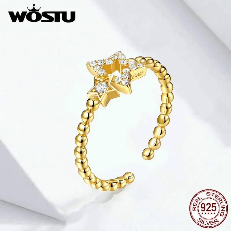 WOSTU, 925 пробы, серебряное, золотое, со звездами, обручальное кольцо, регулируемый Штабелируемый палец для женщин, модное, серебряное, 925, ювелирное изделие CQR561