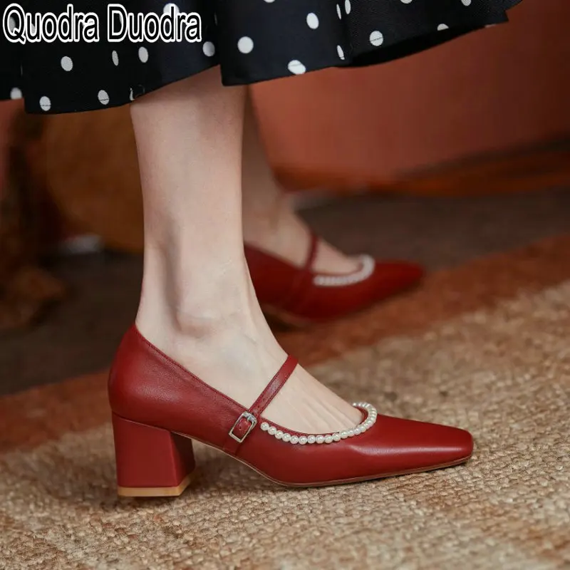 

Women Shoes Spring Pumps Leather Fashion New Female Chunky Square Heels Party Female Office Elegant Solid Buckle Classics 2021