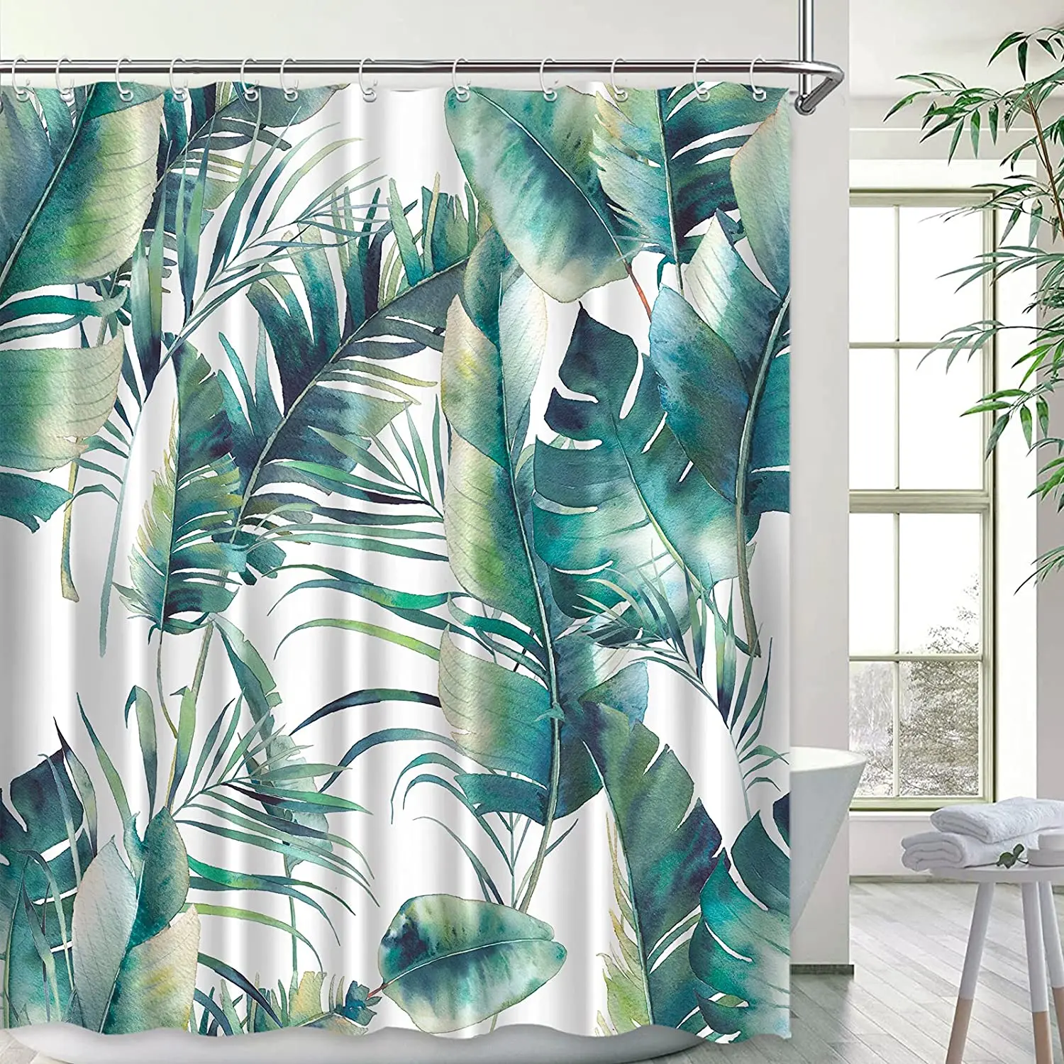 

Tropical Green Leaf Shower Curtain Set Palm Tree Plant Banana Leaves Watercolor Botanical Curtains Hooks Bathroom Deco Polyester