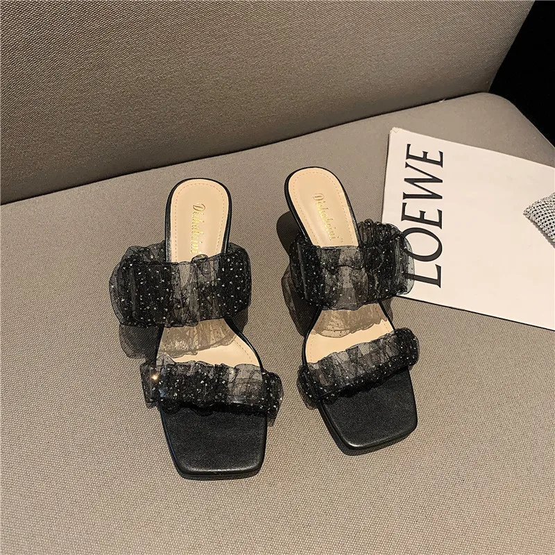 

Sandals 2021 new women's summer thick heeled fashion lace fairy wind net red black high heeled shoes