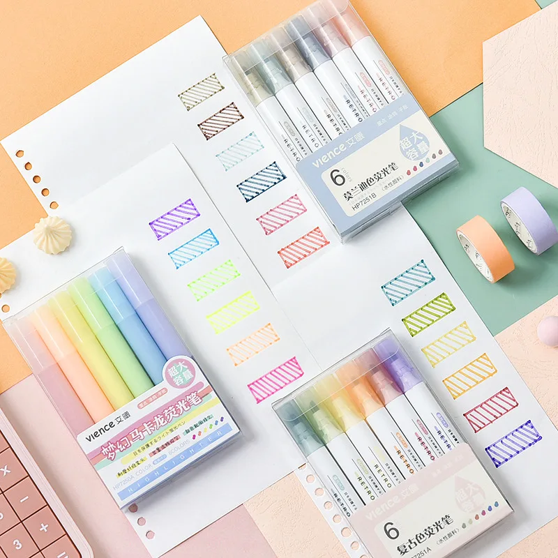 

6pcs/lot Rainbow Color Highlighter Pen Student Graffiti Art Drawing Key Words Marker Morandi Color Pen Stationery