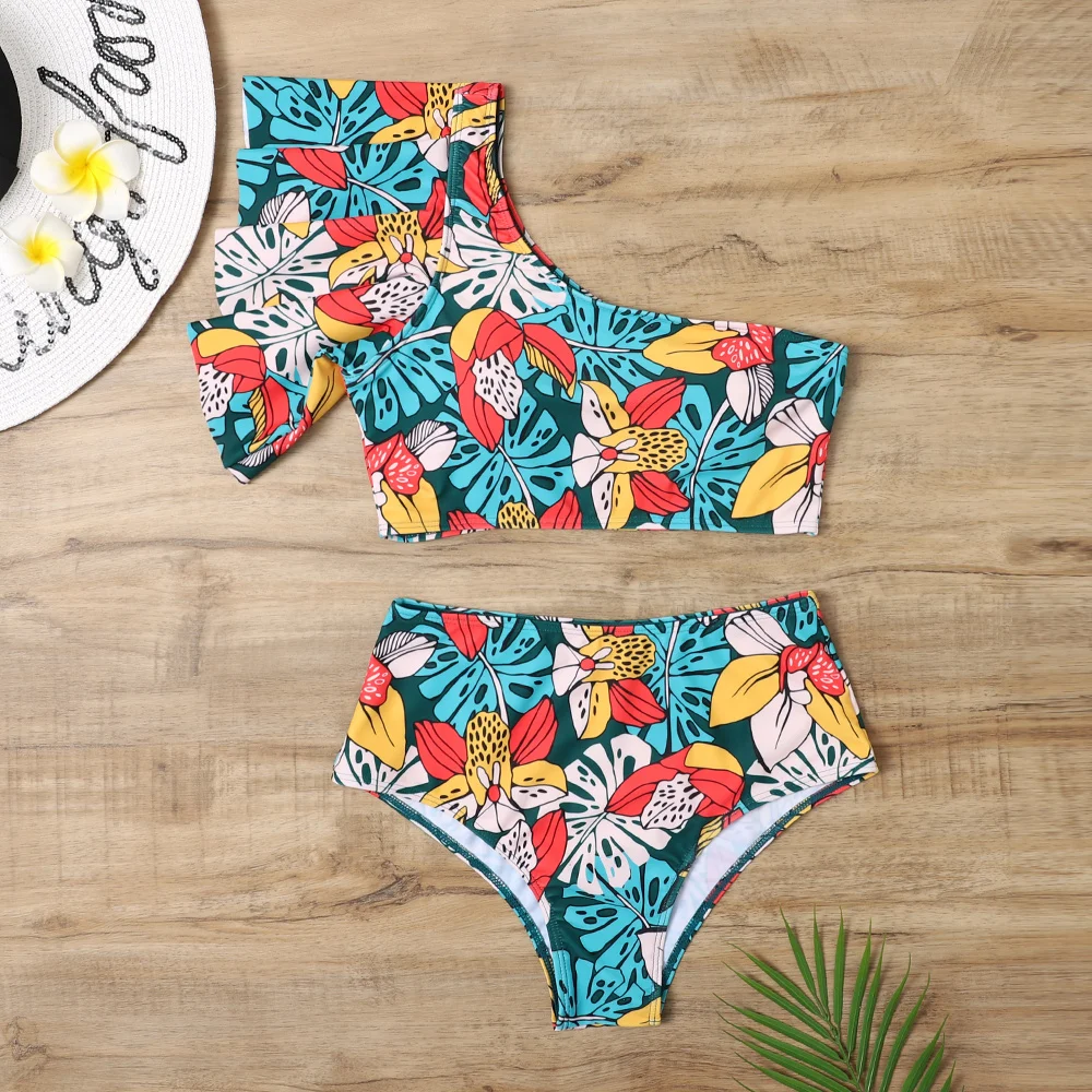 

EIONAR Floral One Shoulder High-Waisted Bikini Sets Sexy Ruffled Swimsuit Two Pieces Swimwear Women 2021 New Beach Bathing Suits