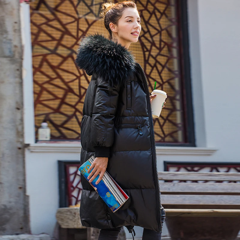 

Genuine Jacket Women Sheepskin Leather Reccoon Fur Collar Down Coat Winter Warm Thick Outwear K162642 MF423