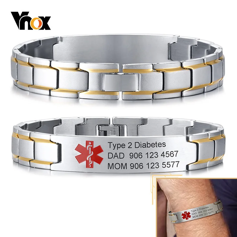 

Vnox персонализированные Нержавеющая сталь медицинский браслет для Для мужчин, забота о здоровье экстренной связи, не вызывает аллергии, заб...