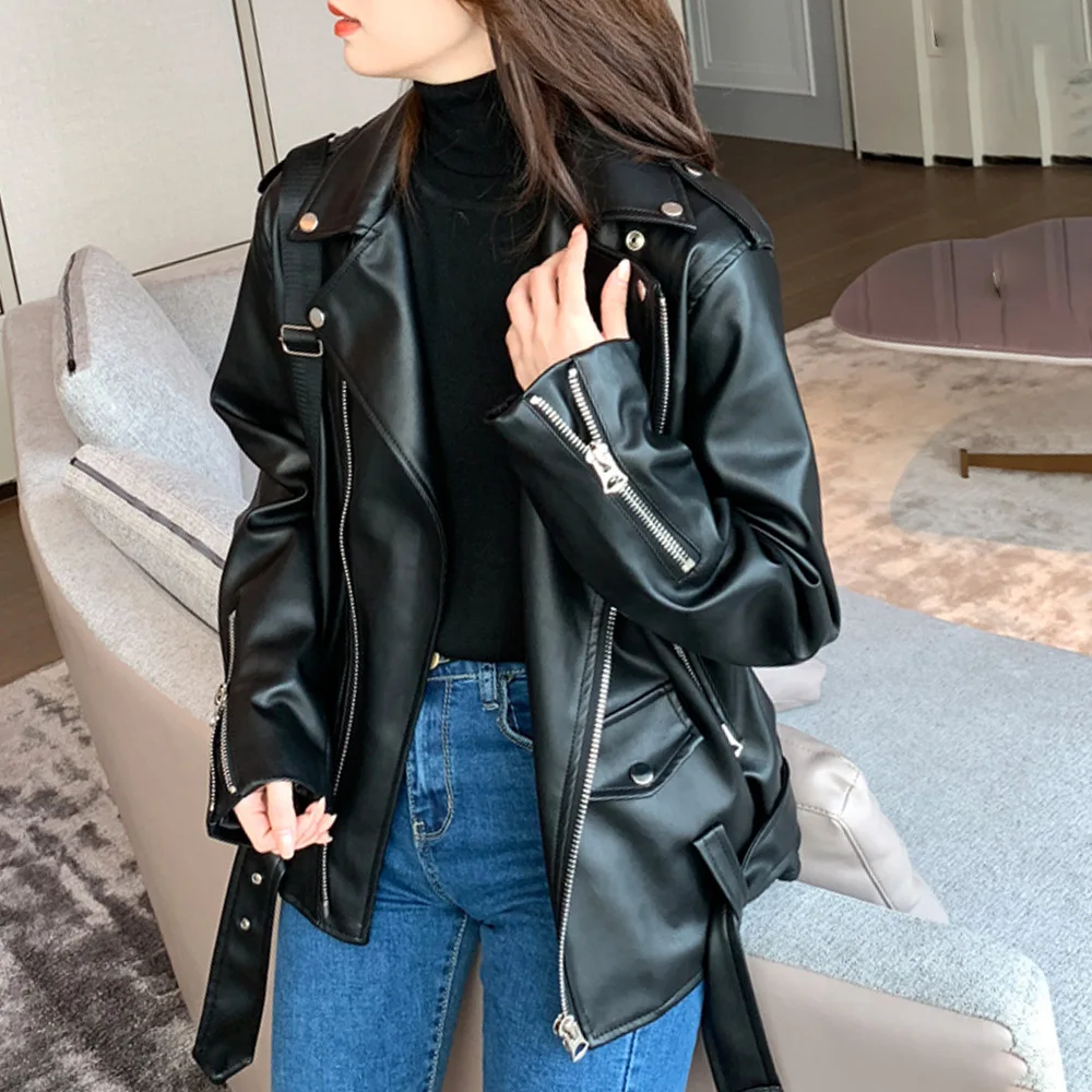 

NEW 2021 Motorcycle Faux Leather Jacket Women High Quality PU Coats Autumn Winter Jackets Oversize Belt Zipper Gothic Black
