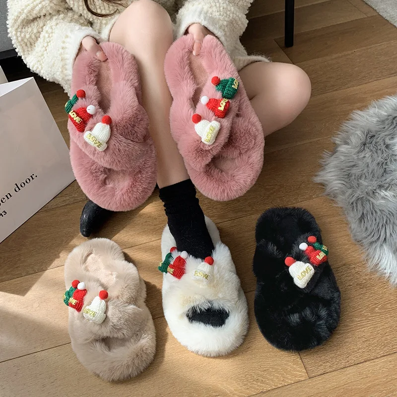 

Furry Slippers Women Winter Christmas New Open-toed Outer Wear Home Slippers Women Candy Color Thick-soled Cotton Slippers Women