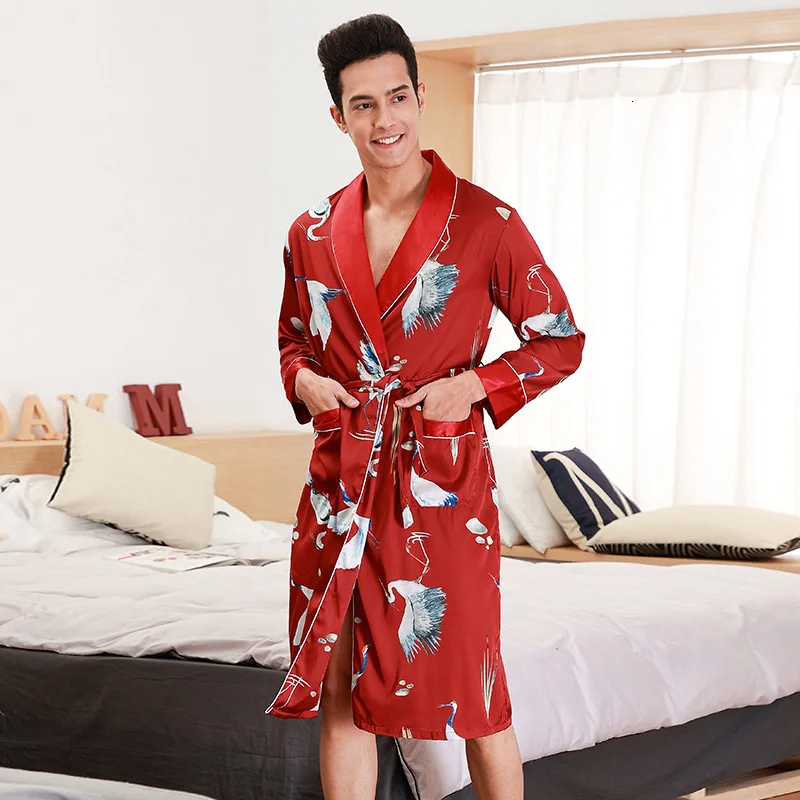 

Bath Men's Kimono Robe Long Sleeve Spring Summer Autumn Silk Satin Printed Bathrobe Sleepwear Lounge Night Gown Sleep Wear Men