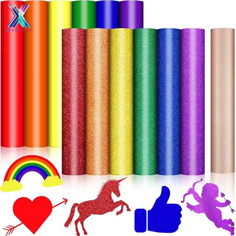 

XFX HTV 12 Sheets Glitter Heat Transfer Vinyl Bundle Iron on Vinyl for T-Shirts Fabric DIY Craft Material 12x10Inch HTV Vinyl