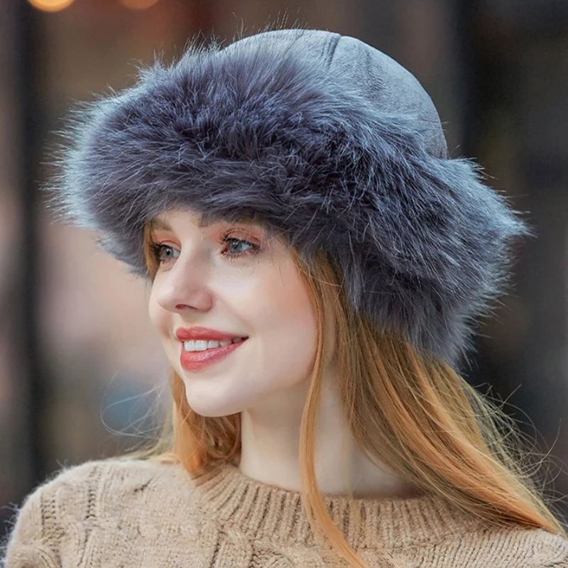 HT2849 Thick Warm Russian Hat Ladies Suede Bomber Hat Windproof Women Fur Hat Female Mongolia Cap Women Fox Fur Skullies Beanies