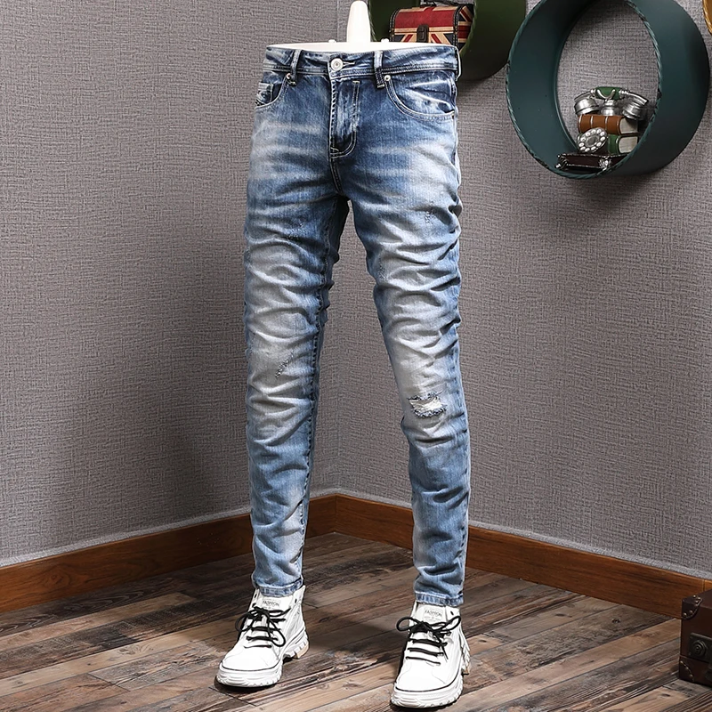 

European Vintage Fashion Men Jeans Retro Blue Elastic Slim Fit Ripped Jeans Men Distressed Plain Designer Casual Denim Pants