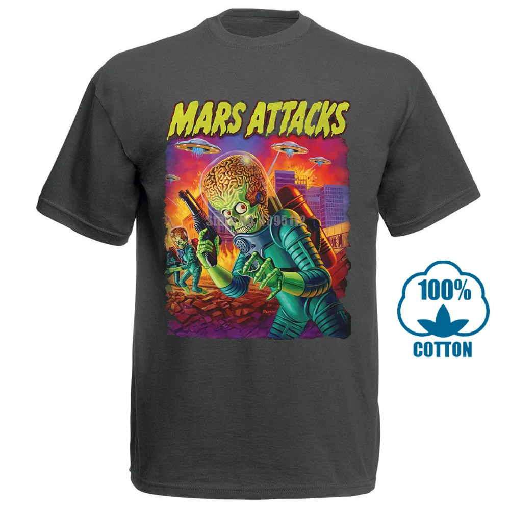 Charcoal Mars Attacks Movie Мужская футболка атакующий инопланетянин с блюдцем заполненное небо - Цвет: Charcoal