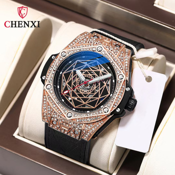 Automatic Mechanical Watches for Men Luxury Brand CHENXI Male Leather Wristwatch Birthday Gift for Lover Rhinestone Gold Relogio-37192