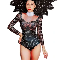 black print sparkly diamonds women bodysuits tight stretch long sleeve romper nightclub ds dance costmes evening prom jumpsuits